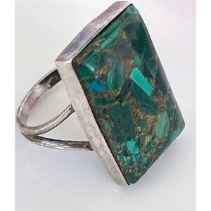 Vintage 1970s 925 Silver Ring Inlaid Green Onyx Statement Ring Sz 8.5